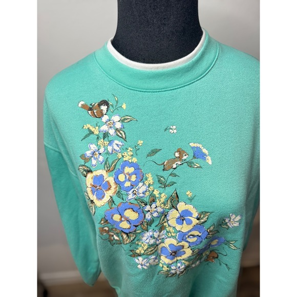 Vintage Teal Floral Bird Sweatshirt Mock Neck Grandma cozy embroidered Pullover‎ - Picture 3 of 8